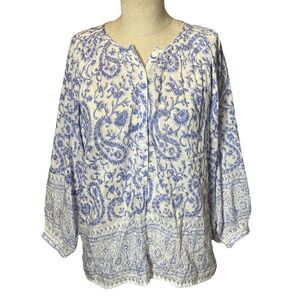 Bell by Alicia Bell Top Small Blue White Tunic Paisley Cotton & Silk Button Up